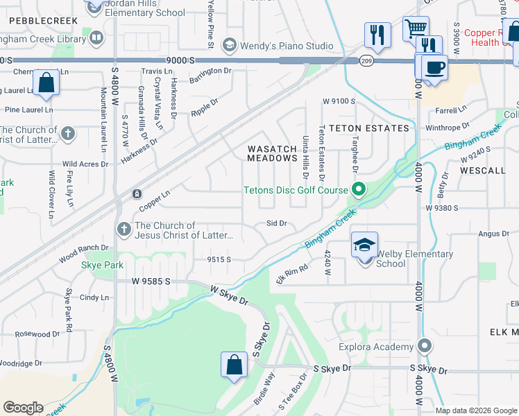 map of restaurants, bars, coffee shops, grocery stores, and more near Elk Vista Lane in South Jordan
