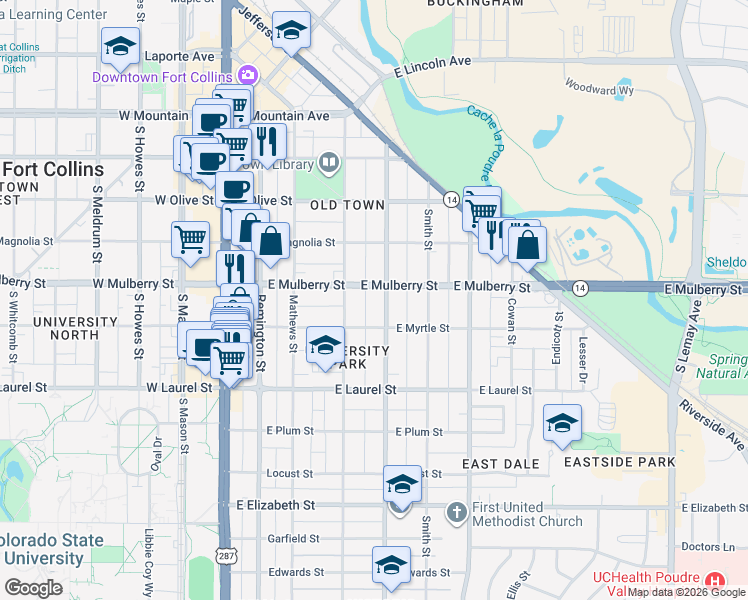 map of restaurants, bars, coffee shops, grocery stores, and more near 511 Whedbee Street in Fort Collins