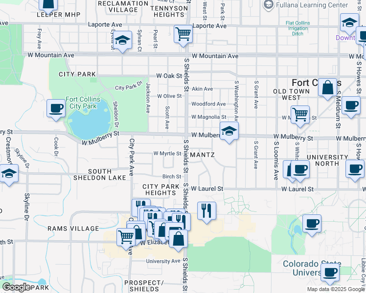 map of restaurants, bars, coffee shops, grocery stores, and more near 515 South Shields Street in Fort Collins