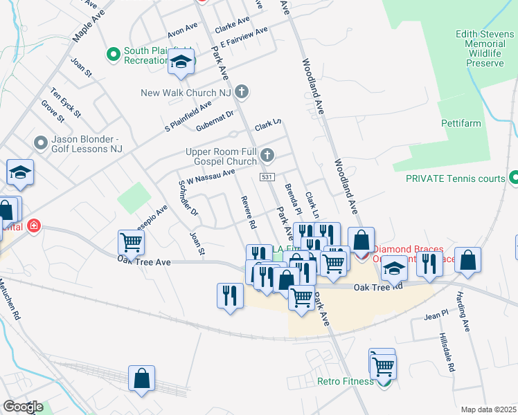 map of restaurants, bars, coffee shops, grocery stores, and more near 3252 Banta Road in South Plainfield