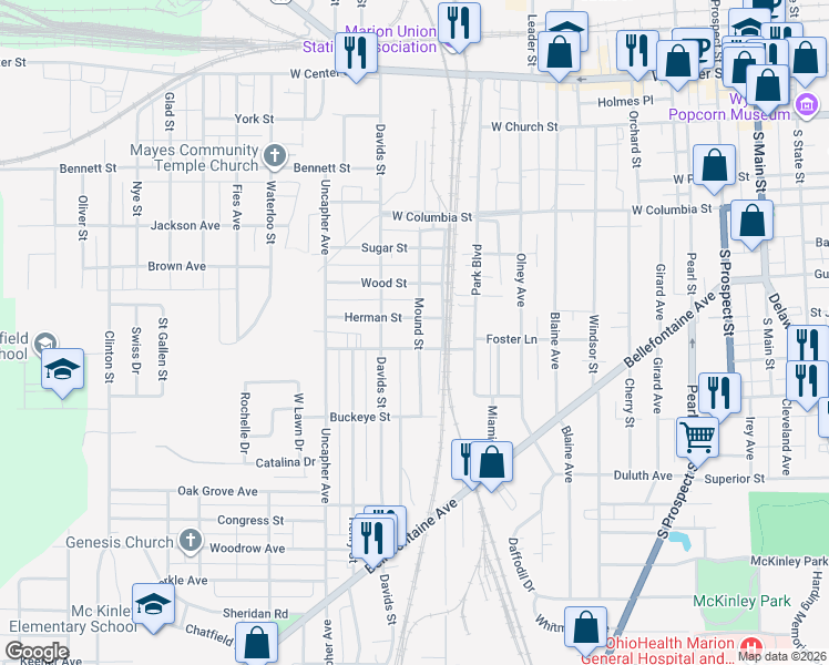 map of restaurants, bars, coffee shops, grocery stores, and more near 465 Mound Street in Marion