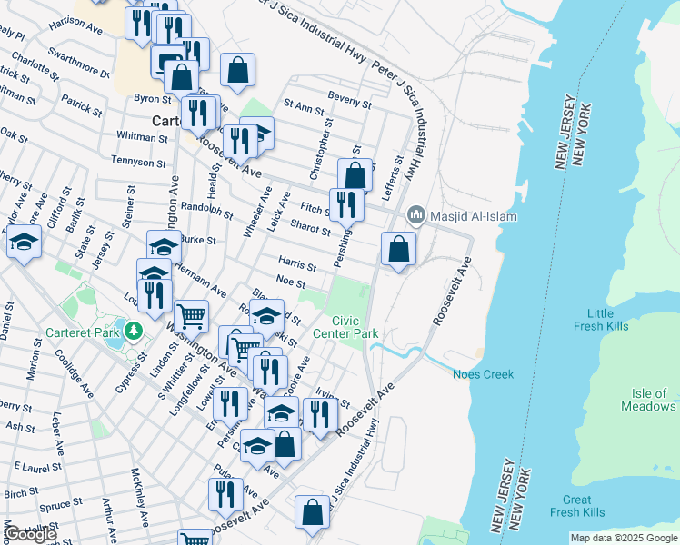 map of restaurants, bars, coffee shops, grocery stores, and more near 284 Pershing Avenue in Carteret