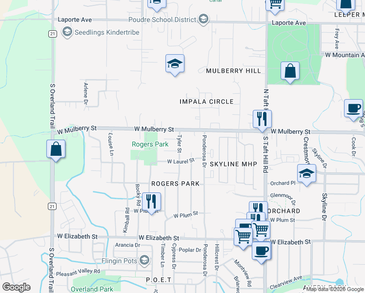 map of restaurants, bars, coffee shops, grocery stores, and more near 2500 Woodvalley Court in Fort Collins