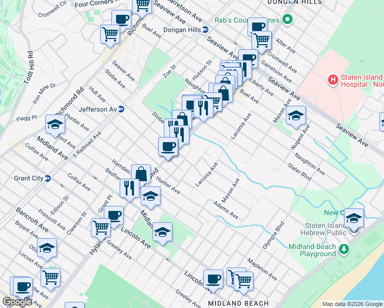 map of restaurants, bars, coffee shops, grocery stores, and more near 46 Boundary Avenue in Staten Island
