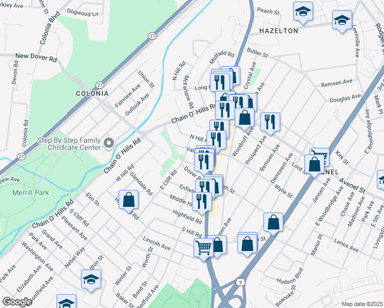 map of restaurants, bars, coffee shops, grocery stores, and more near 23 Valley Road in Woodbridge Township