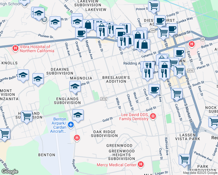 map of restaurants, bars, coffee shops, grocery stores, and more near 1604 Willis Street in Redding