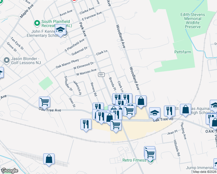 map of restaurants, bars, coffee shops, grocery stores, and more near 3301 Park Avenue in South Plainfield
