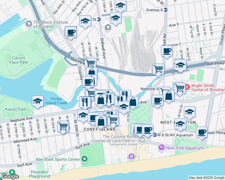 map of restaurants, bars, coffee shops, grocery stores, and more near 2725 Stillwell Avenue in Brooklyn