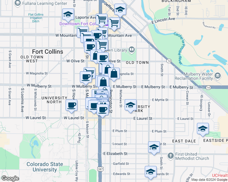 map of restaurants, bars, coffee shops, grocery stores, and more near 508 Remington Street in Fort Collins