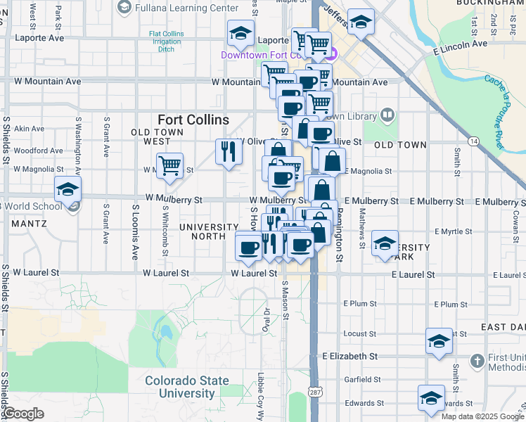map of restaurants, bars, coffee shops, grocery stores, and more near 209 West Mulberry Street in Fort Collins