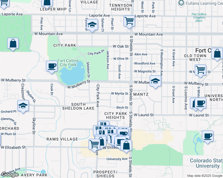 map of restaurants, bars, coffee shops, grocery stores, and more near 1214 West Myrtle Street in Fort Collins