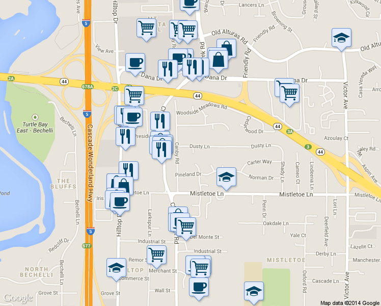map of restaurants, bars, coffee shops, grocery stores, and more near 1051 Dusty Lane in Redding