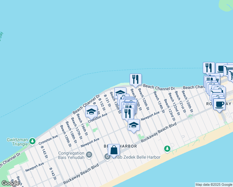 map of restaurants, bars, coffee shops, grocery stores, and more near 547 Beach 129th Street in Queens