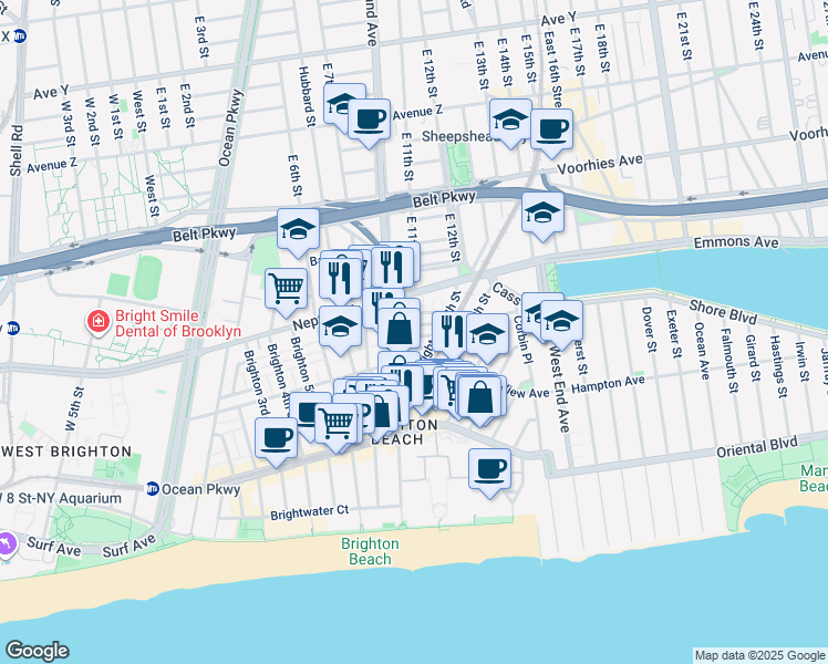 map of restaurants, bars, coffee shops, grocery stores, and more near 5 Brighton 10th Terrace in Brooklyn
