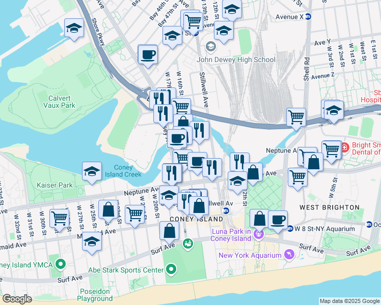map of restaurants, bars, coffee shops, grocery stores, and more near 2717 West 16th Street in Brooklyn