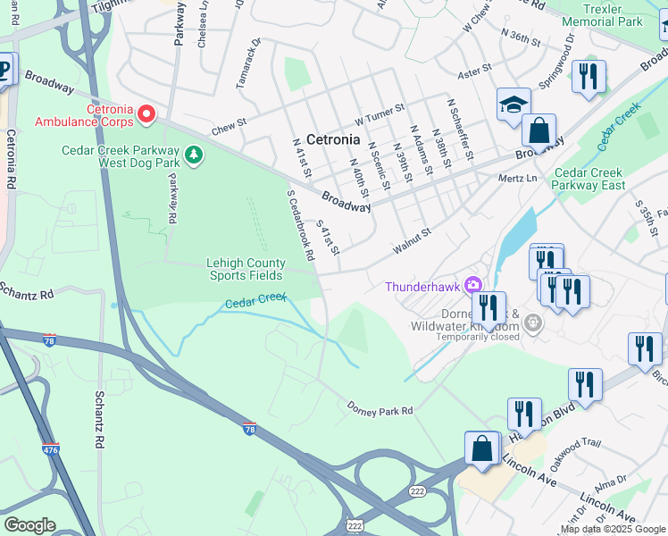 map of restaurants, bars, coffee shops, grocery stores, and more near 4055 Walnut Street in Allentown