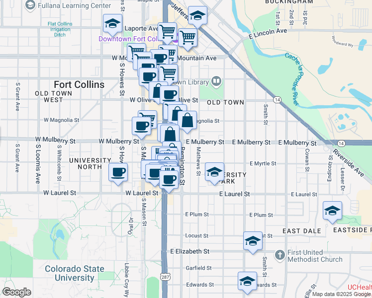 map of restaurants, bars, coffee shops, grocery stores, and more near 508 Remington Street in Fort Collins