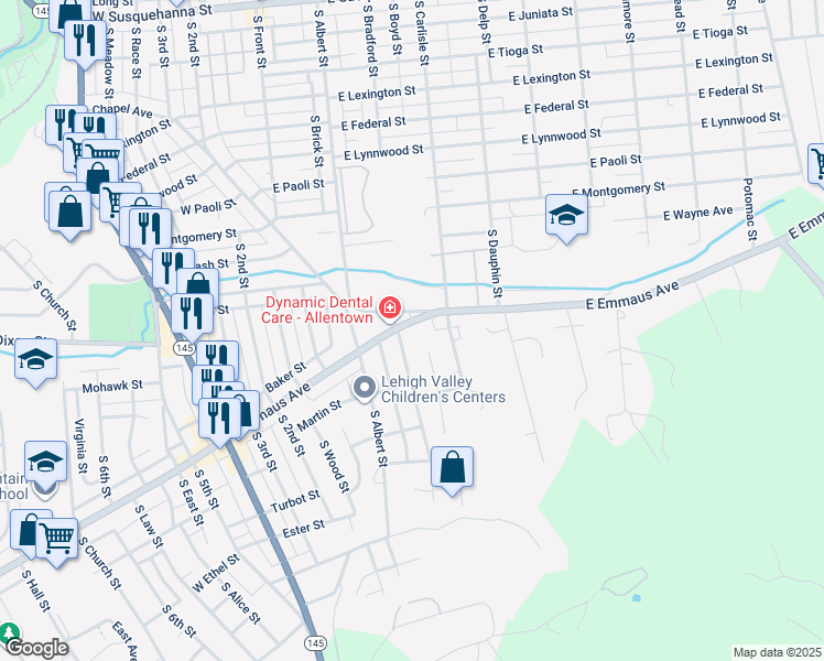 map of restaurants, bars, coffee shops, grocery stores, and more near 206 East Emmaus Avenue in Allentown