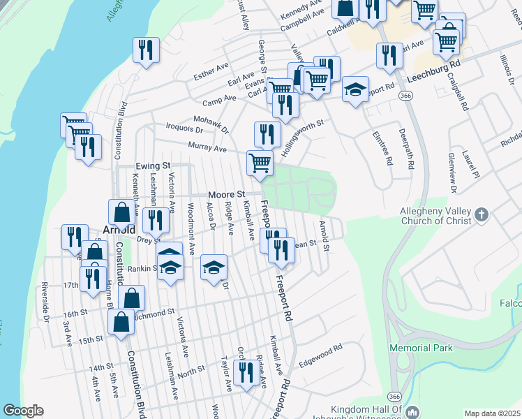 map of restaurants, bars, coffee shops, grocery stores, and more near 1903 Freeport Road in New Kensington