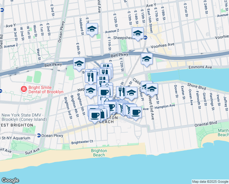 map of restaurants, bars, coffee shops, grocery stores, and more near 13 Brighton 10th Terrace in Brooklyn