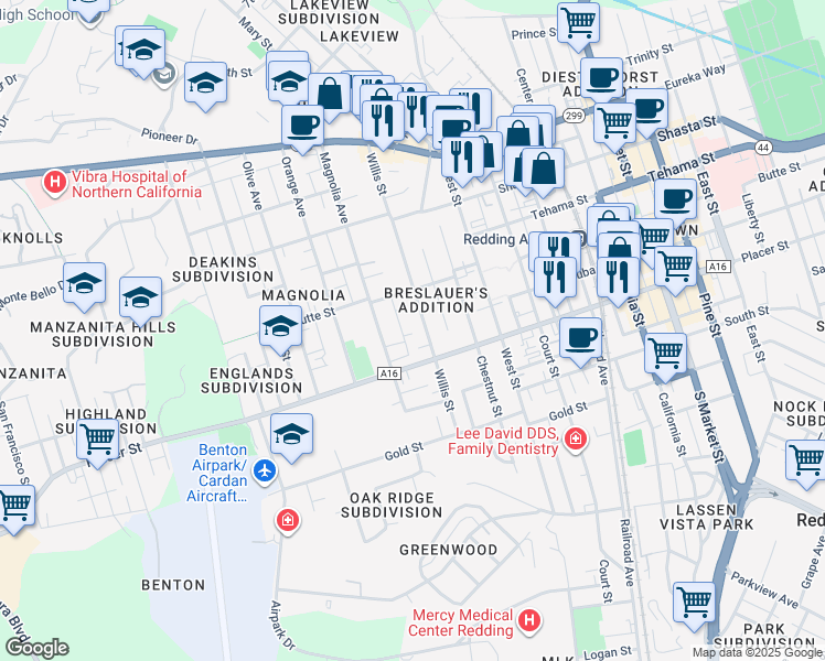 map of restaurants, bars, coffee shops, grocery stores, and more near 1604 Willis Street in Redding