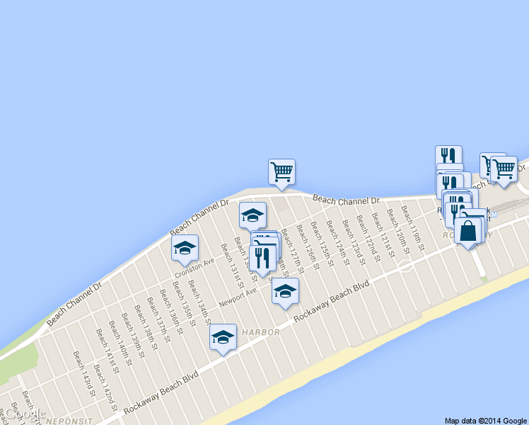 map of restaurants, bars, coffee shops, grocery stores, and more near 5-34 Beach 128th Street in Queens