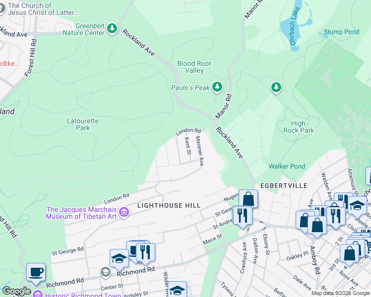 map of restaurants, bars, coffee shops, grocery stores, and more near 41 Kent Street in Staten Island