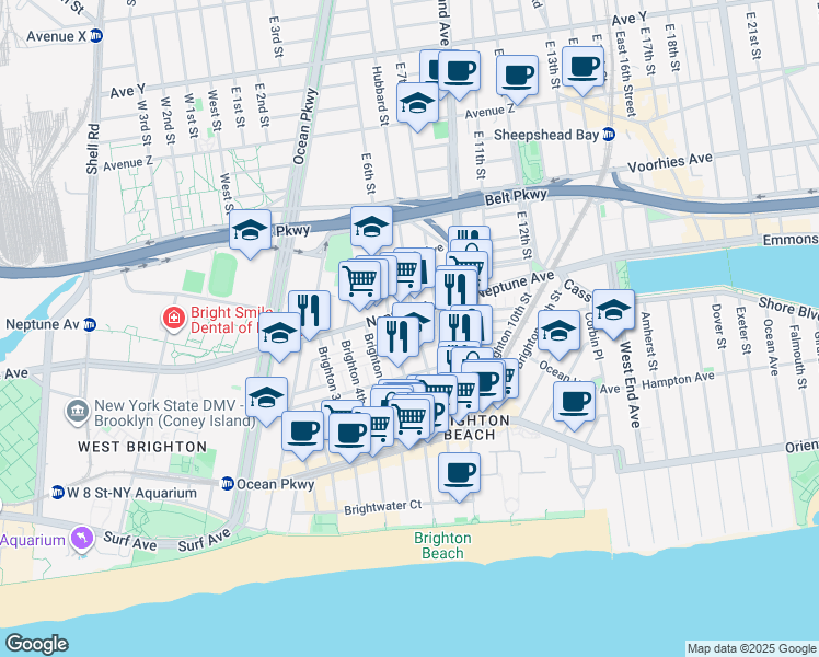 map of restaurants, bars, coffee shops, grocery stores, and more near 2918 Brighton 7th Street in Brooklyn