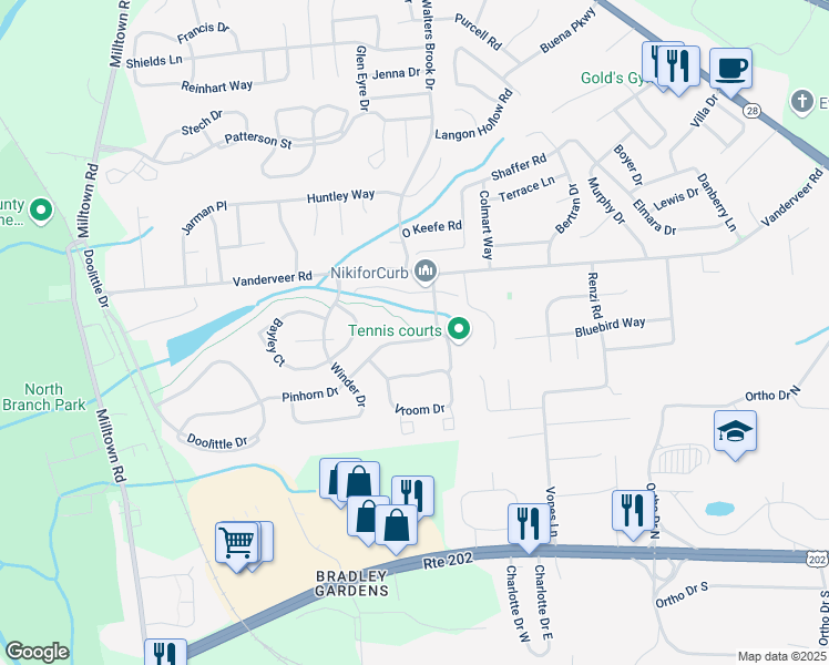 map of restaurants, bars, coffee shops, grocery stores, and more near 1104 Pinhorn Drive in Bridgewater Township