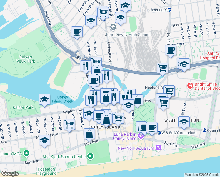 map of restaurants, bars, coffee shops, grocery stores, and more near 2735 West 15th Street in Brooklyn