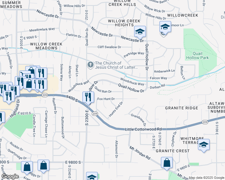 map of restaurants, bars, coffee shops, grocery stores, and more near 2477 Quail Run Dr in Sandy