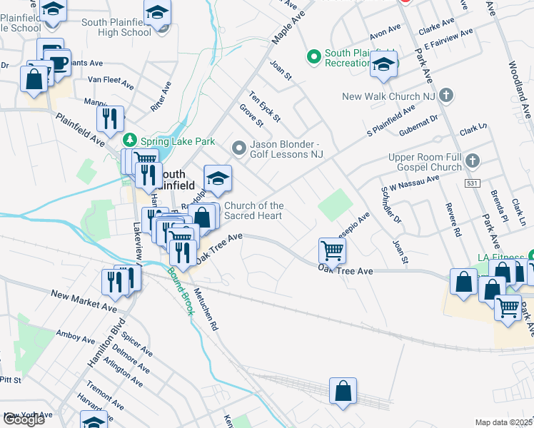map of restaurants, bars, coffee shops, grocery stores, and more near 116 Surrey Road in South Plainfield