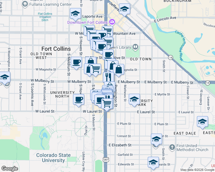 map of restaurants, bars, coffee shops, grocery stores, and more near 510 South College Avenue in Fort Collins