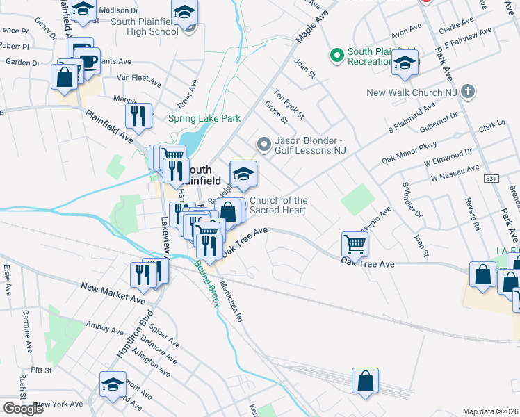 map of restaurants, bars, coffee shops, grocery stores, and more near 191 South Plainfield Avenue in South Plainfield