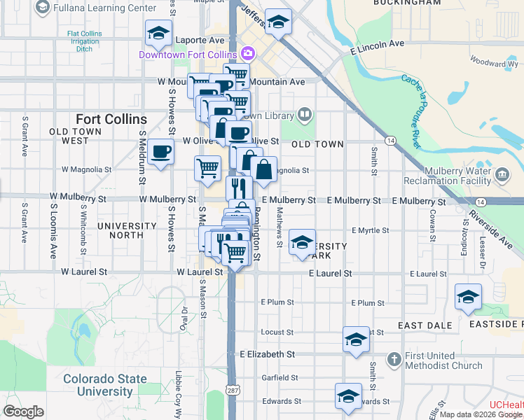 map of restaurants, bars, coffee shops, grocery stores, and more near 508 Remington Street in Fort Collins