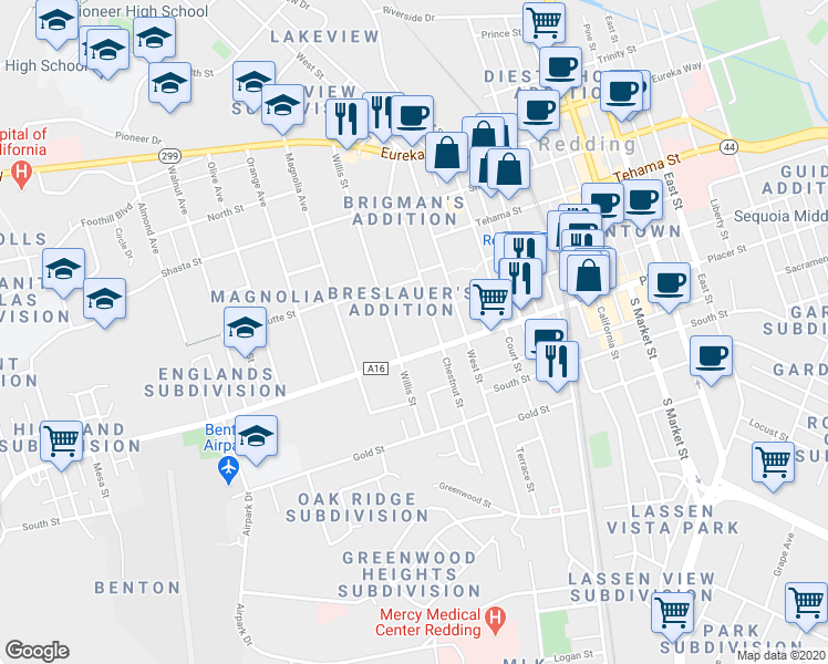 map of restaurants, bars, coffee shops, grocery stores, and more near 1621 Willis Street in Redding