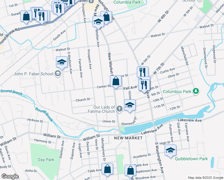 map of restaurants, bars, coffee shops, grocery stores, and more near 424 New Market Road in Piscataway