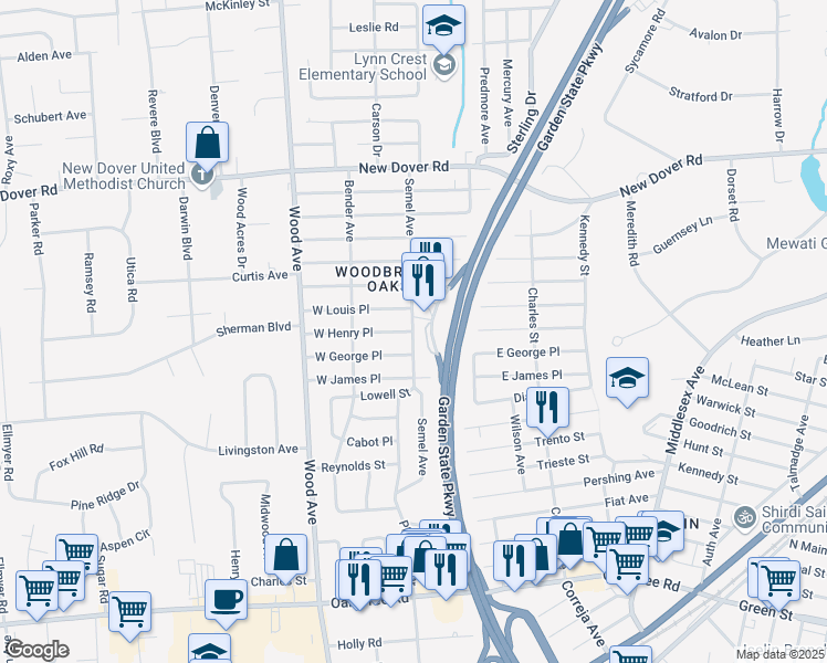 map of restaurants, bars, coffee shops, grocery stores, and more near Semel Avenue in Woodbridge Township