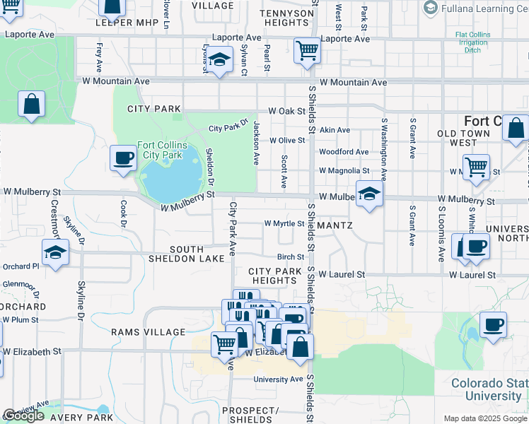 map of restaurants, bars, coffee shops, grocery stores, and more near 1214 West Myrtle Street in Fort Collins