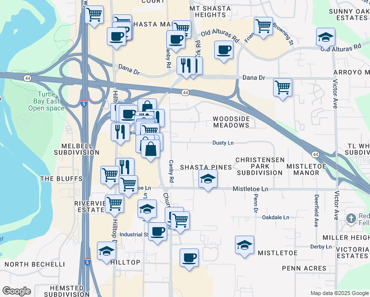 map of restaurants, bars, coffee shops, grocery stores, and more near 1051 Dusty Lane in Redding
