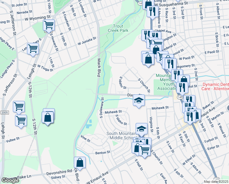 map of restaurants, bars, coffee shops, grocery stores, and more near 745 Dixon Street in Allentown