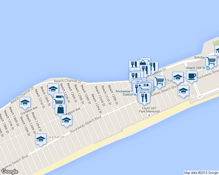 map of restaurants, bars, coffee shops, grocery stores, and more near 425 Beach 120th Street in Queens