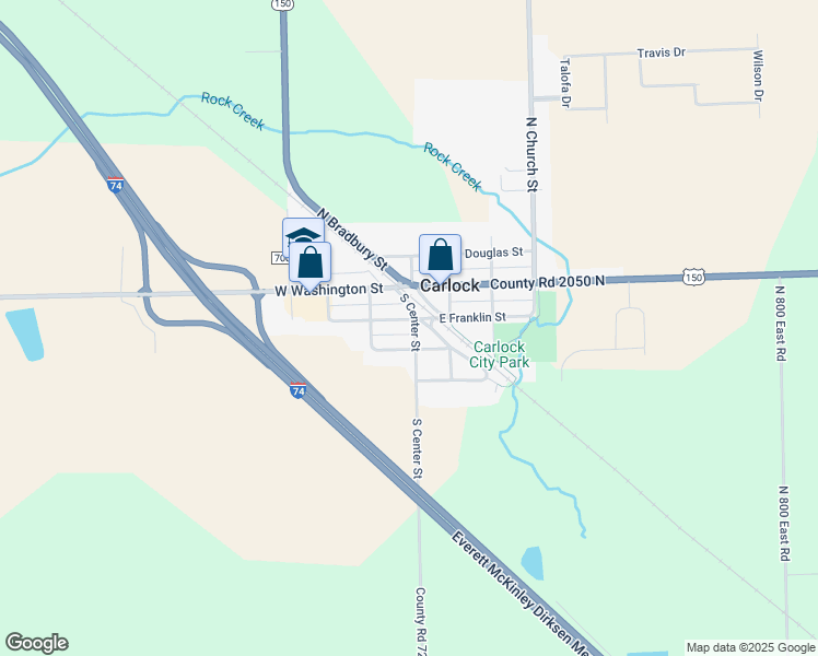 map of restaurants, bars, coffee shops, grocery stores, and more near 102 West Franklin Street in Carlock