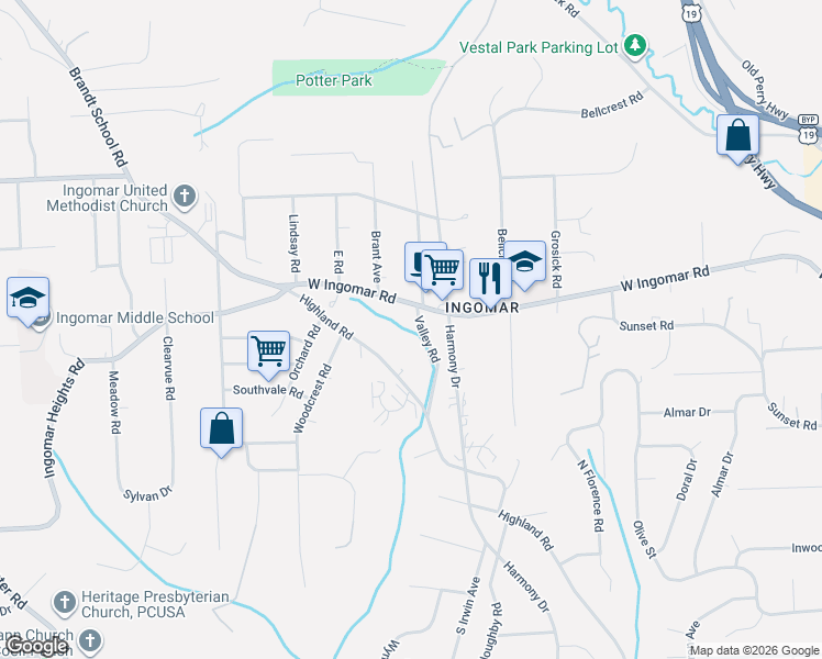 map of restaurants, bars, coffee shops, grocery stores, and more near 9605 Valley Road in Pittsburgh