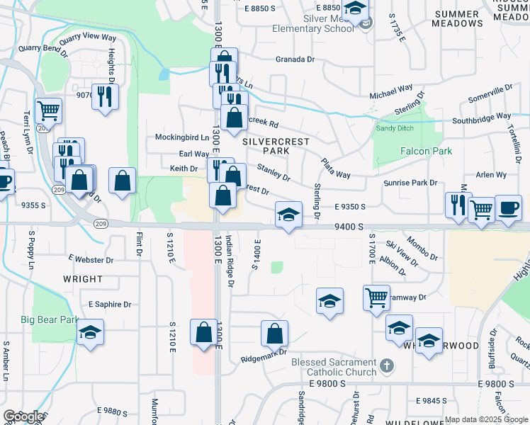 map of restaurants, bars, coffee shops, grocery stores, and more near 1430 Sandy Hills Drive in Sandy