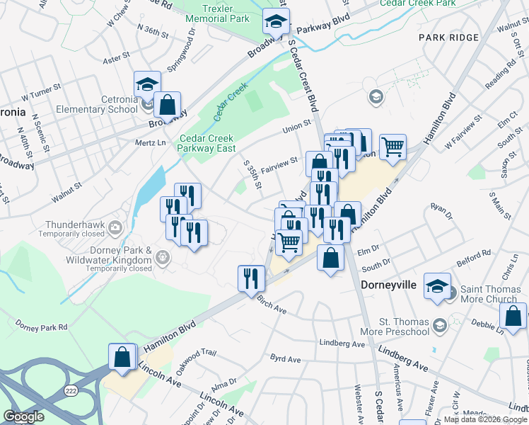 map of restaurants, bars, coffee shops, grocery stores, and more near 417 Haines Mill Road in Allentown