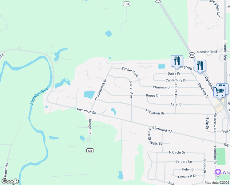 map of restaurants, bars, coffee shops, grocery stores, and more near 1110 Poppy Drive in Wapakoneta