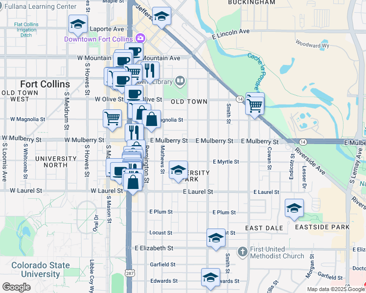 map of restaurants, bars, coffee shops, grocery stores, and more near 505 Peterson Street in Fort Collins