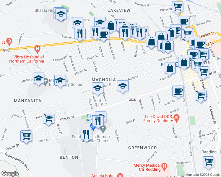 map of restaurants, bars, coffee shops, grocery stores, and more near 1534 Orange Avenue in Redding