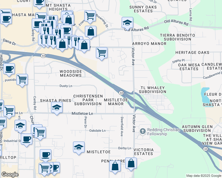 map of restaurants, bars, coffee shops, grocery stores, and more near 1800 Lindeena Lane in Redding